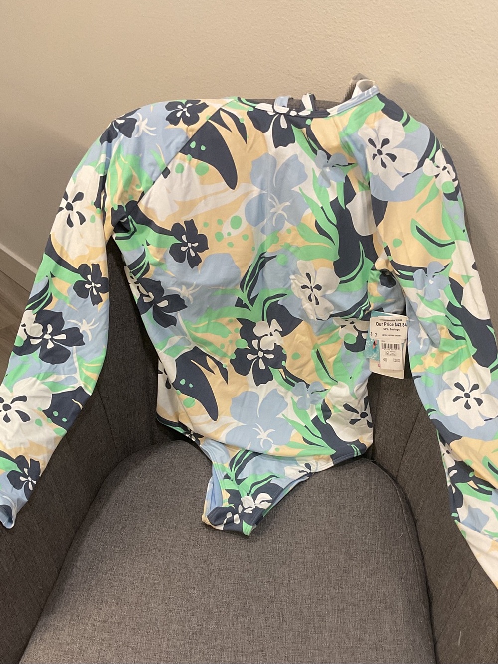 Floral Long-Sleeve One-Piece Swimsuit - Pastel Green Blue Yellow